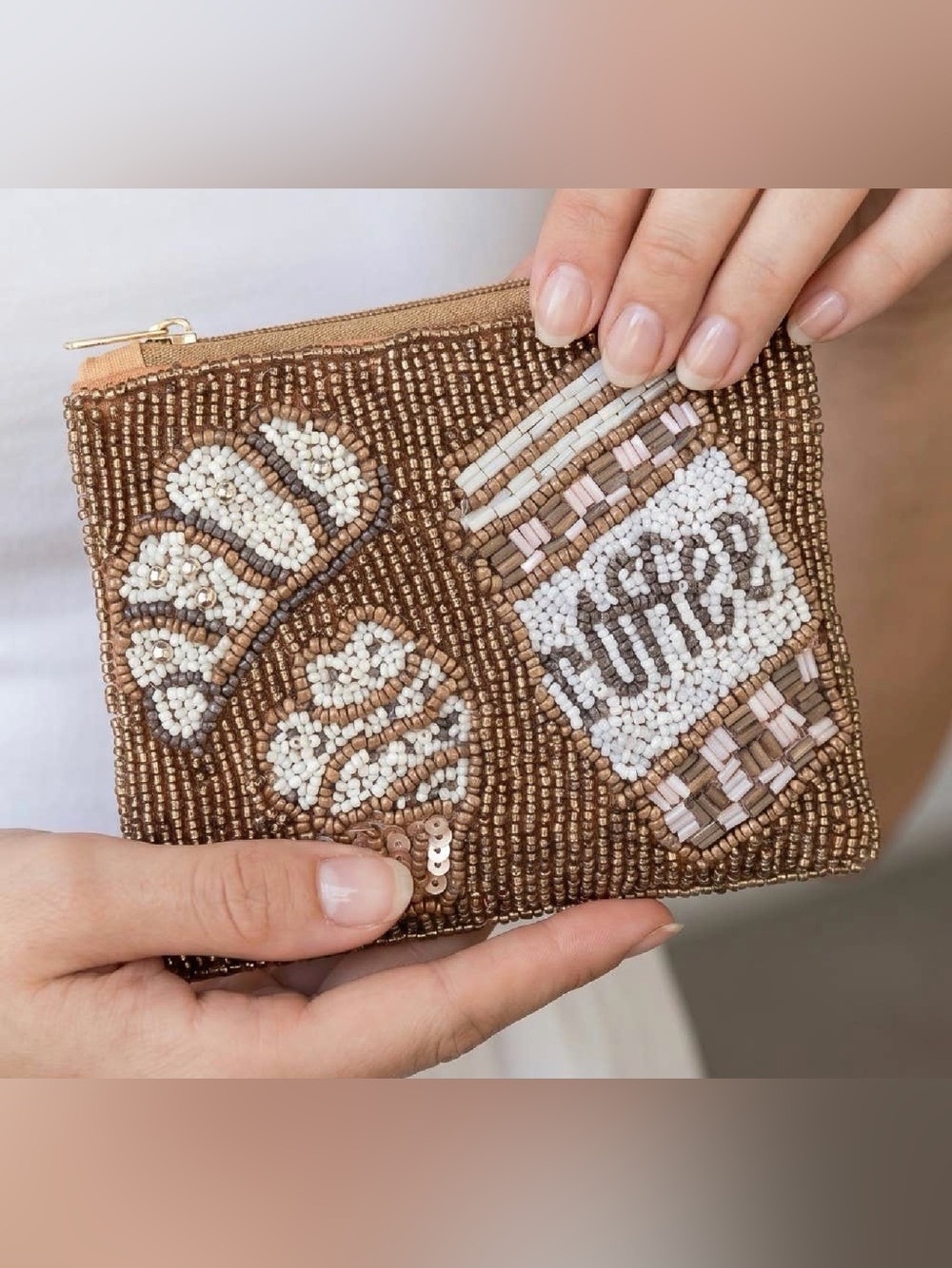 Beaded Brown Croissant & Coffee Card Wallet